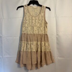 A'reve Boho‎ Lace Tiered Ruffle Mini Dress/Tunic Tan Cream ATA5001-S5F3 Small